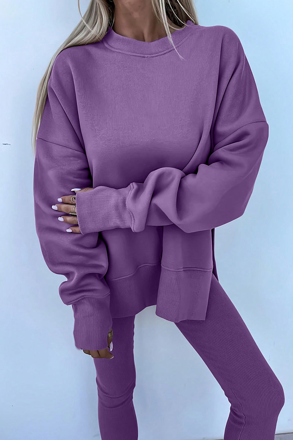 Orchid Mist Solid Color Oversize Slit Sweatshirt Ribbed Leggings 2pcs Set