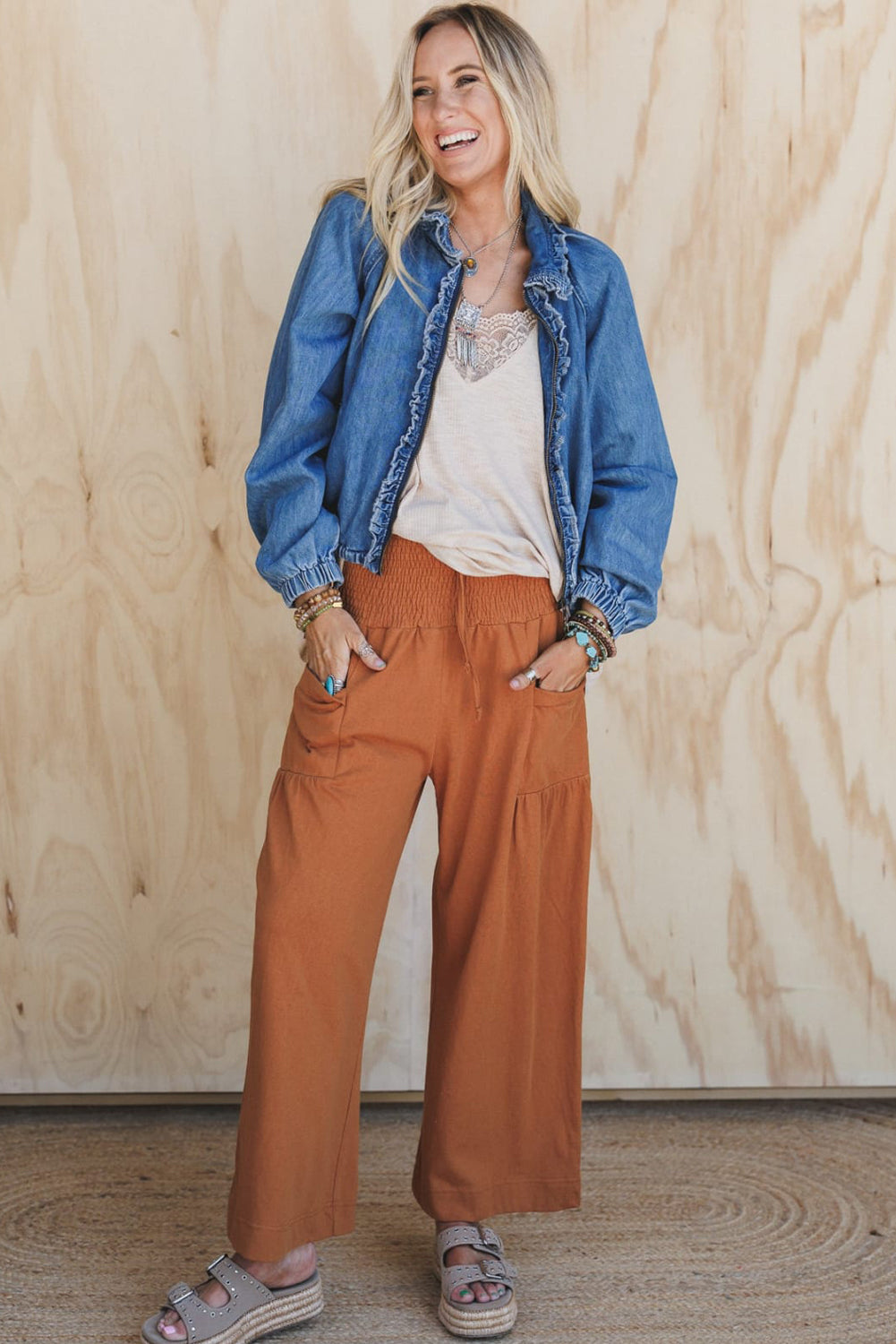 Real Teal Frilled Trim Zip Up Elastic Cuffed Denim Jacket