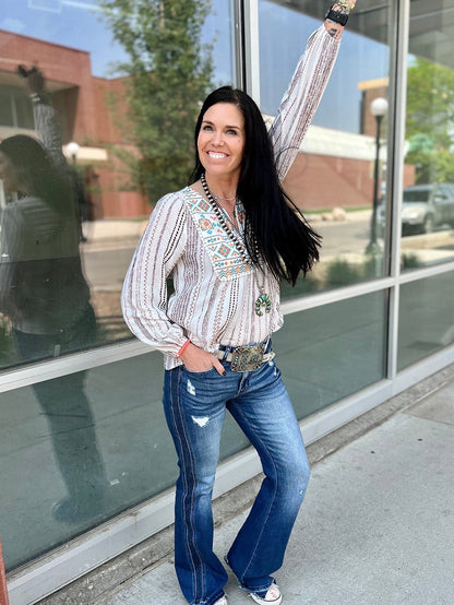 Ethnic Chic White Aztec Embroidered Notched Blouse