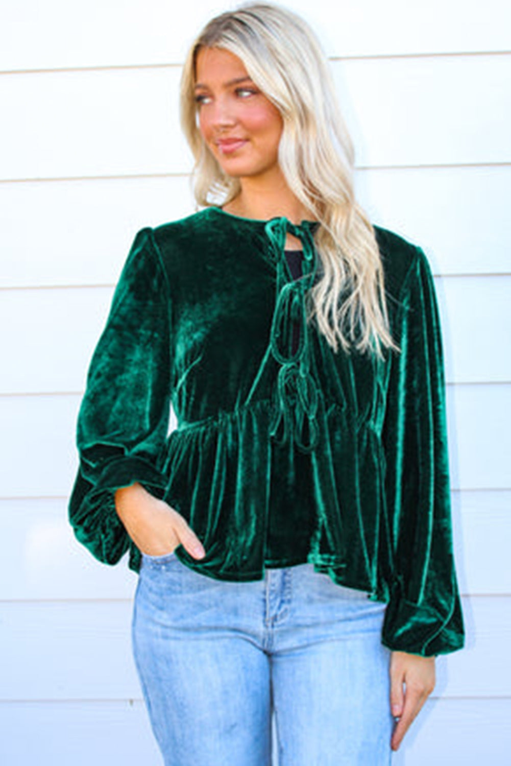 Evergreen Lace-up Velvet Long Puff Sleeve Peplum Top