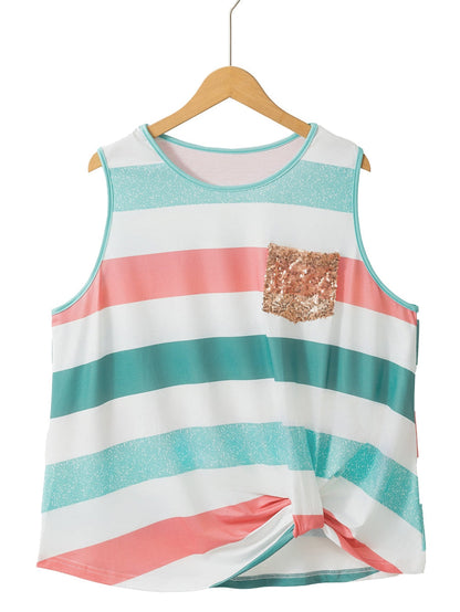 Vibrant Striped Plus Size Crew Neck Tankini Top