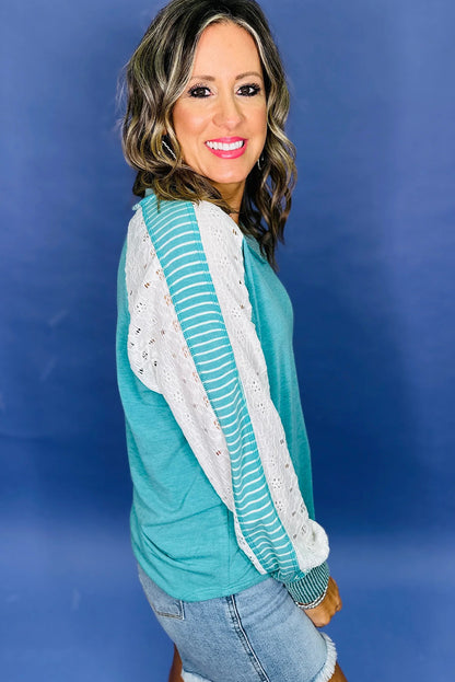 Turquoise Ribbed V Neck Lace Striped Long Sleeve Patchwork Loose Top