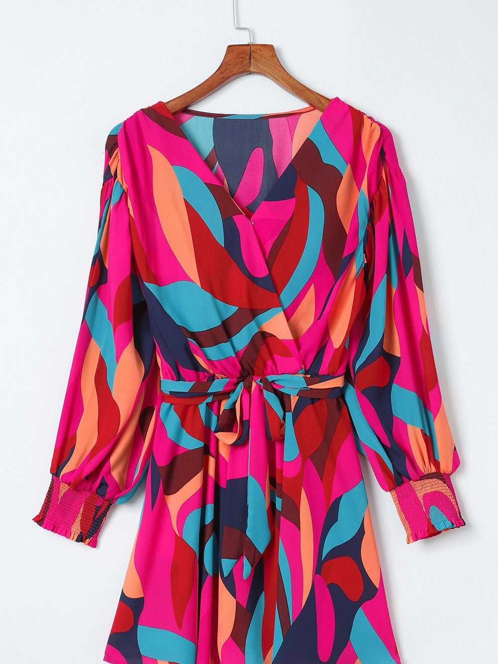 Lapel Print Lace-Up Long Sleeve Dress