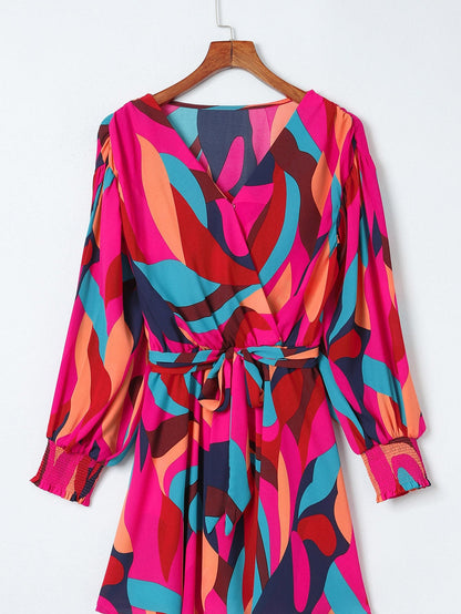 Lapel Print Lace-Up Long Sleeve Dress