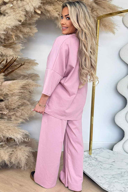Pink 3/4 Sleeve Loose Top Drawstring Wide Leg Pant Set