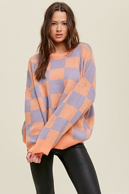 Grapefruit Orange Ribbed Trim Checkered Pattern Knit Baggy Sweater