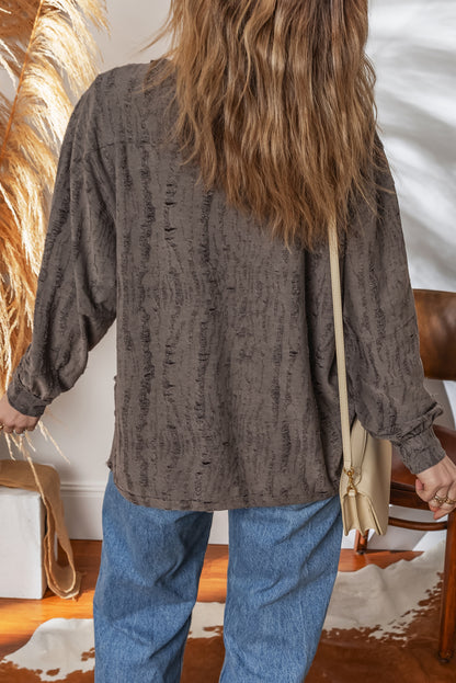 Dark Brown Distressed Drop Shoulder Loose Long Sleeve Tee