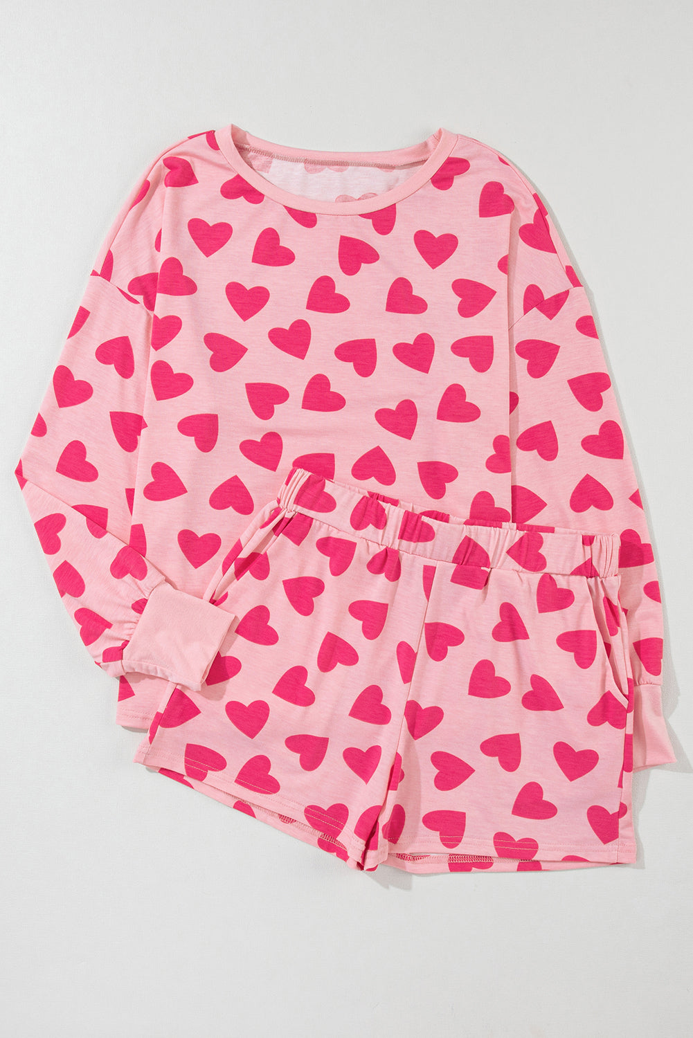 Heartfelt Pink Valentine's Day Lounge Set with Heart Print Top and Shorts