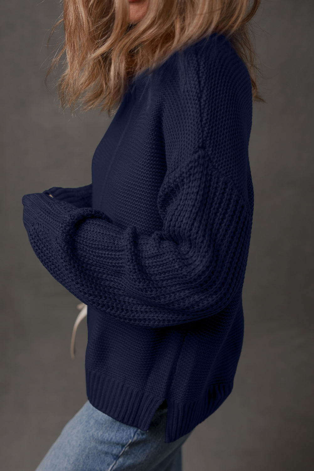 Dirty blue Solid Color Front Seam Drop Shoulder Loose Sweater