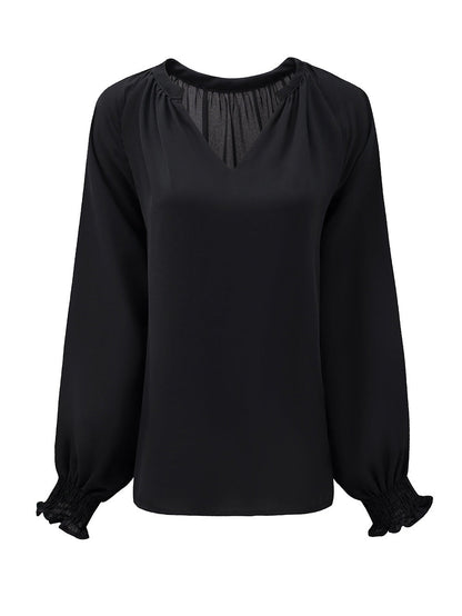 Elegant Black V-Neck Puff Sleeve Pleated Top