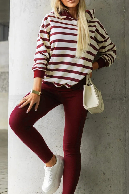 Red Stripe Pullover Hoodie Ribbed Solid Pants 2pcs Set Outfit