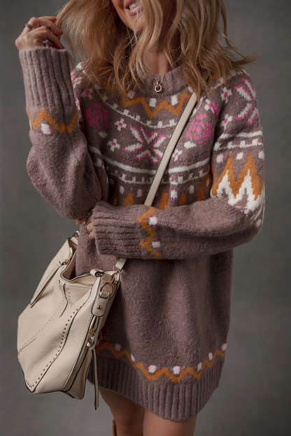 Brown Tribal Pattern Knitted Ribbed Edge Crew Neck Sweater Dress