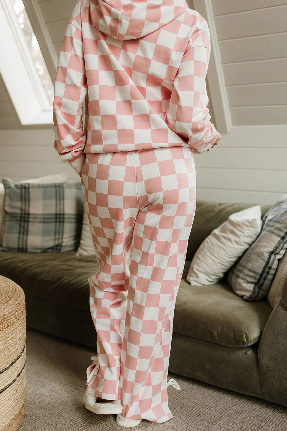 Pink Checkered Print Hoodie Side Stripe Bow Knot Pants 2pcs Set