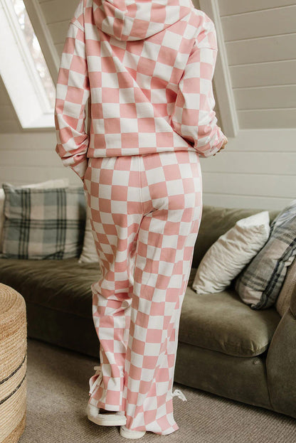 Pink Checkered Print Hoodie Side Stripe Bow Knot Pants 2pcs Set
