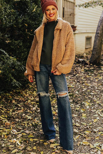 Light French Beige Collar Zip Up Pocketed Sherpa Jacket