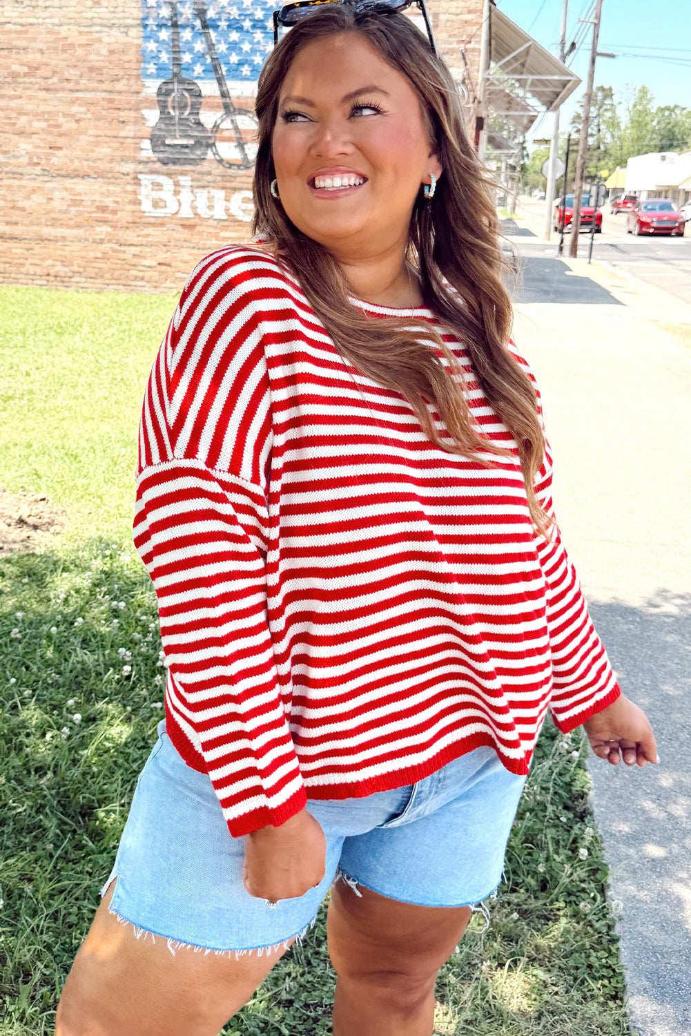 Red Stripe Drop Shoulder Round Neck Plus Sweater