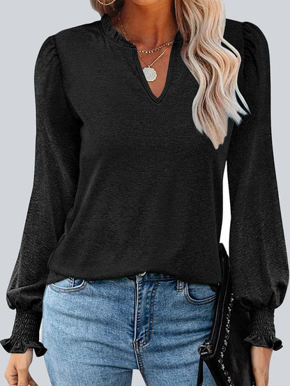 Elegant Black V Neck Top with Puff Long Sleeves