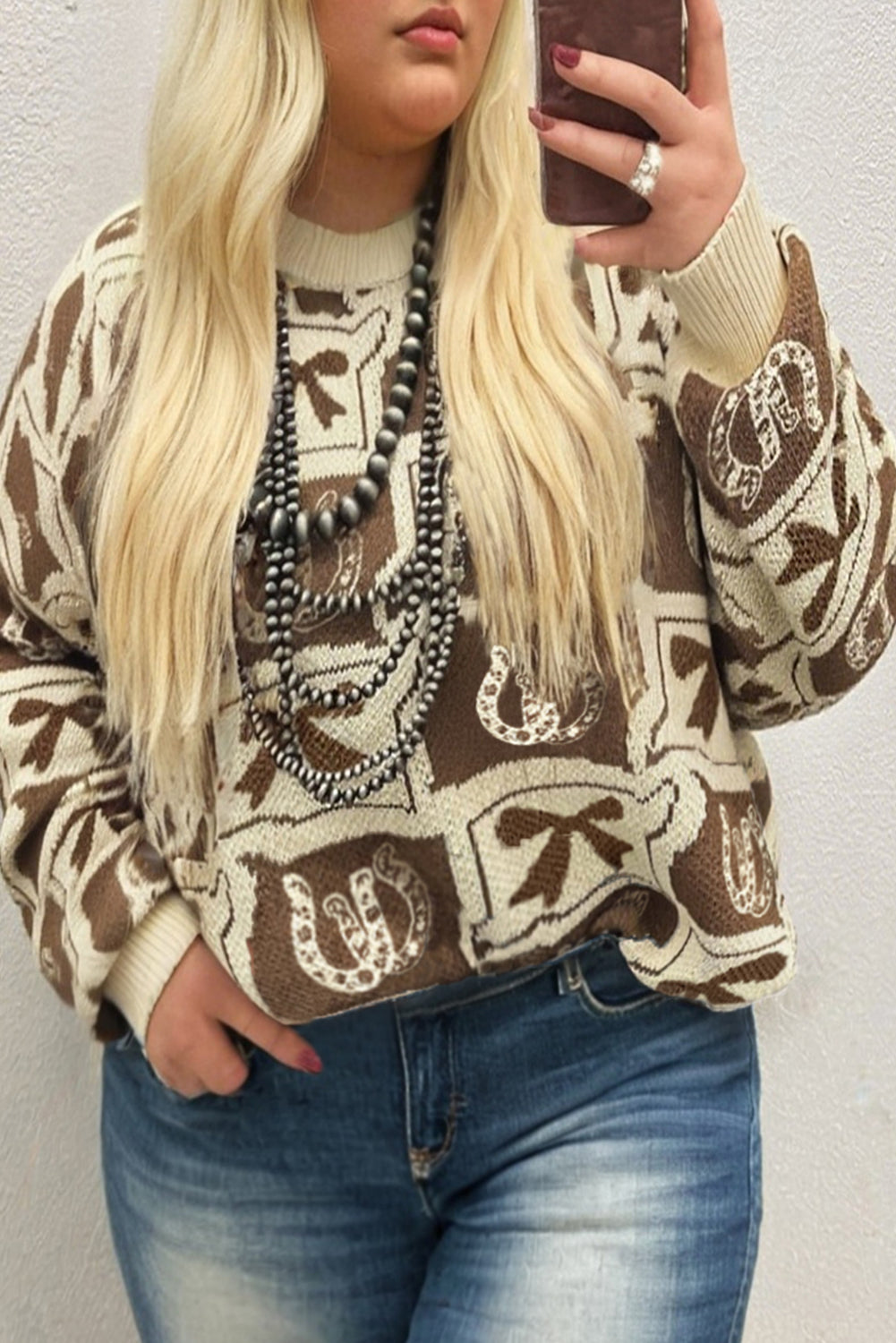 Brown Bow Horseshoe Print Checkered Plus Size Sweater