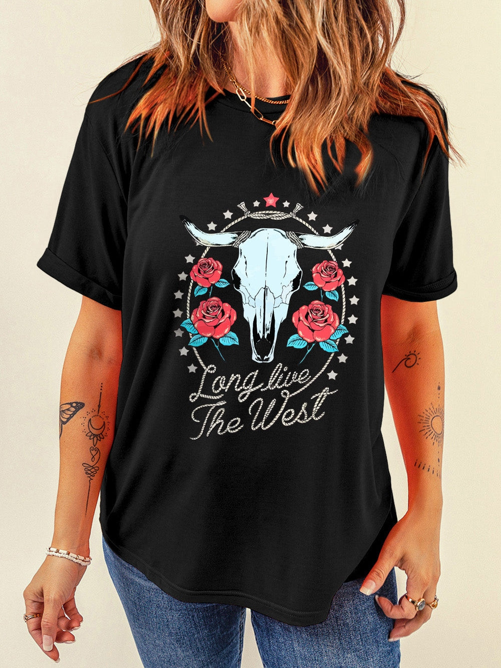 Floral Long Live The West Black Steer Head Graphic T-Shirt