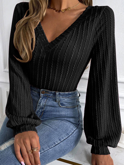 Elegant Black Knit V Neck Top with Lantern Sleeves