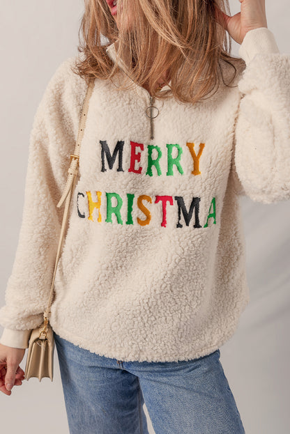 Jet Stream MERRY CHRISTMAS Colorful Letter Embroidery Quarter Zip Sherpa Sweatshirt