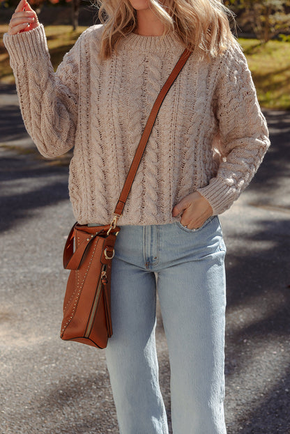 Parchment Cable Knit Crew Neck Drop Shoulder Casual Sweater