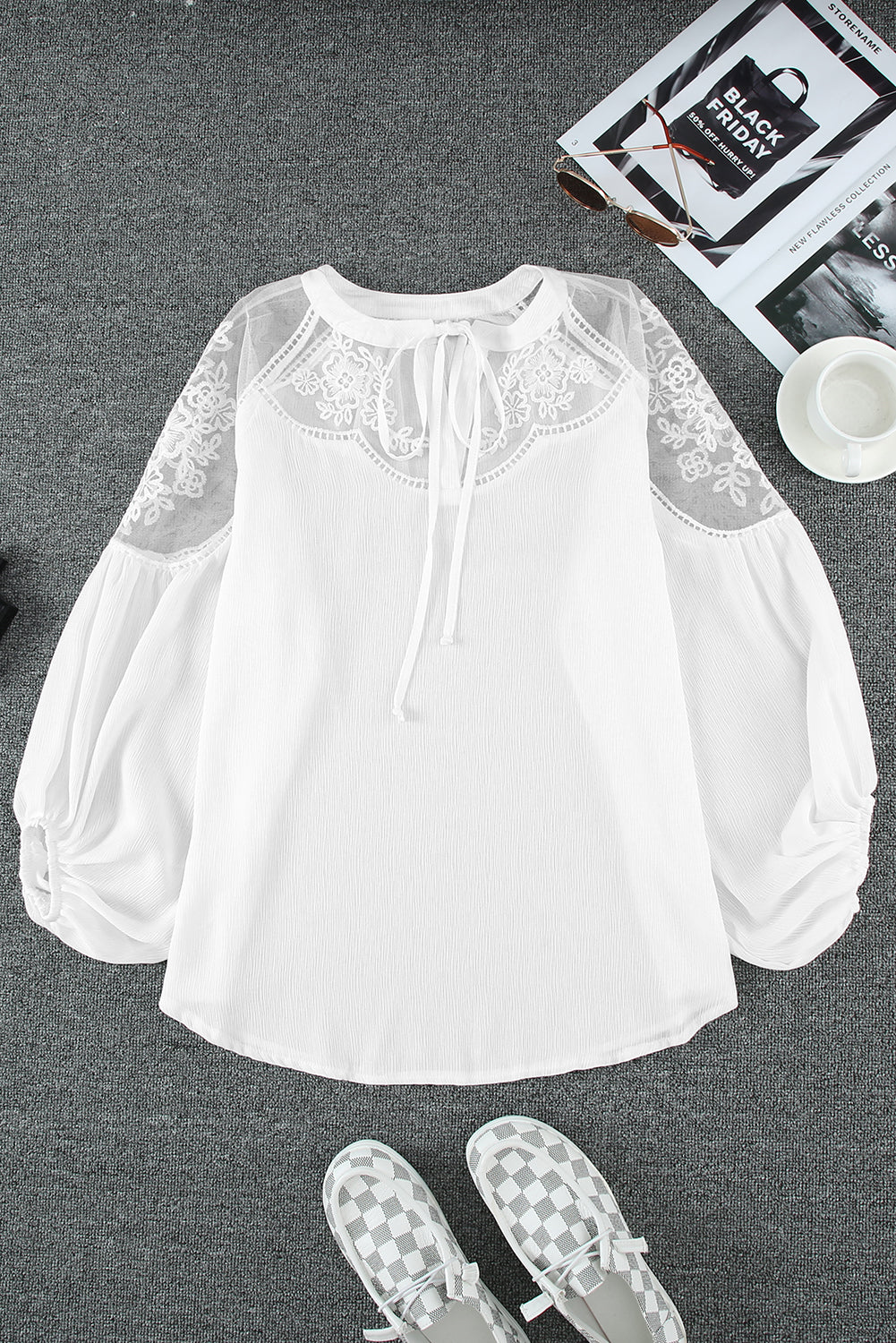 Elegant White Lace Detail V-Neck Blouse