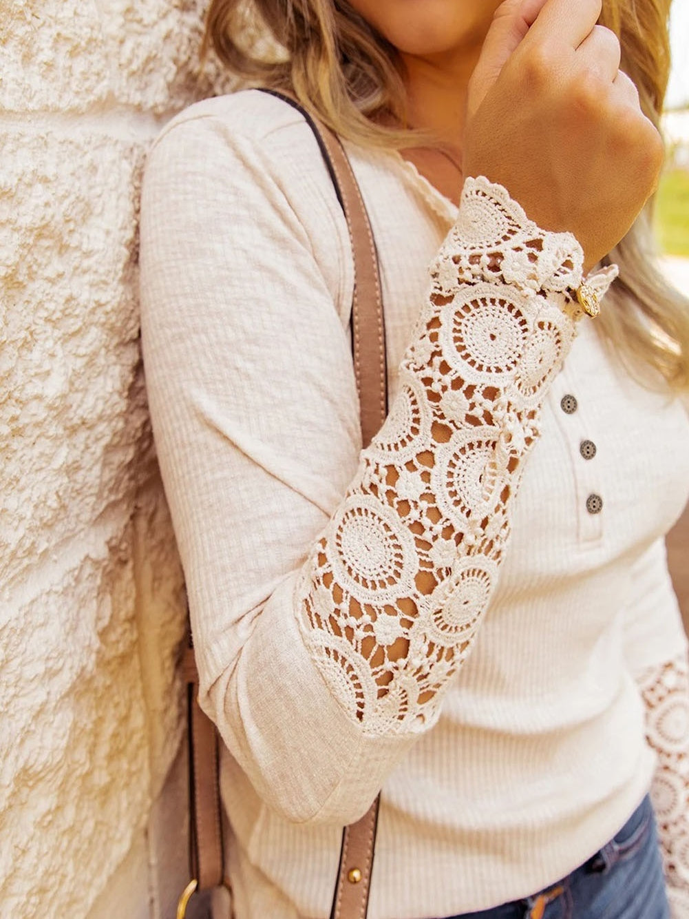Beige Crochet Lace Sleeve Button Detail Top