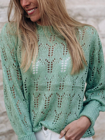 Green Pointelle Knit Sheer Sweater