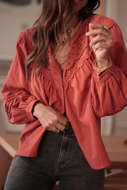 Tawny Eyelet Embroidered Patchwork Pintuck Long Sleeve Shirt