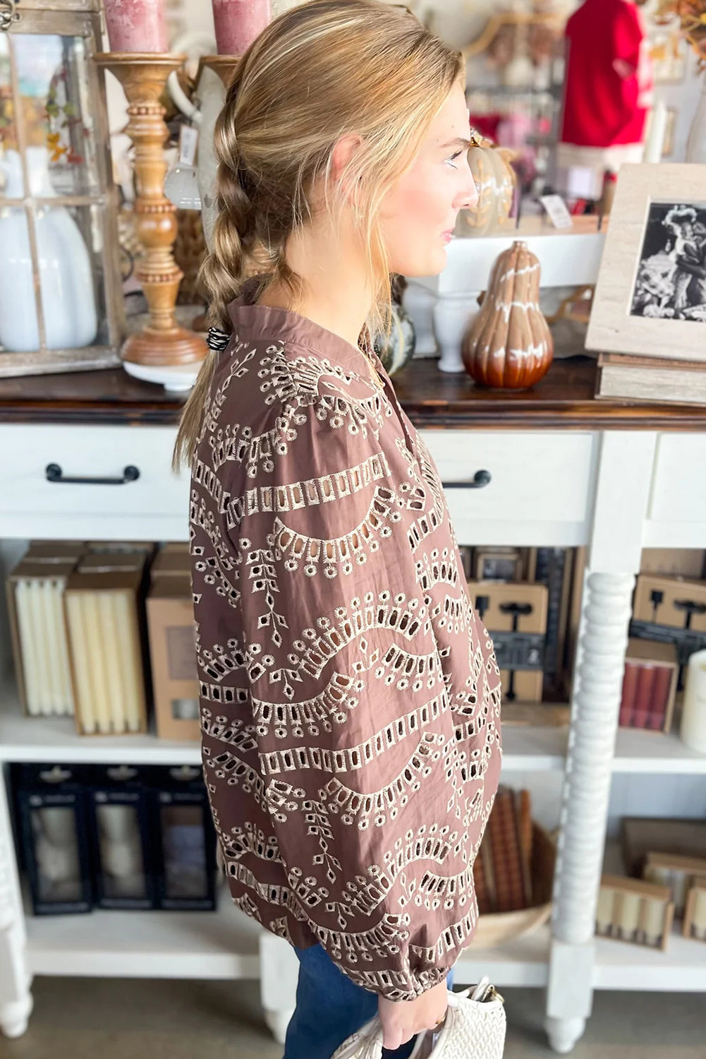 Coffee Embroidered Pattern Notched Neck Long Sleeve Blouse