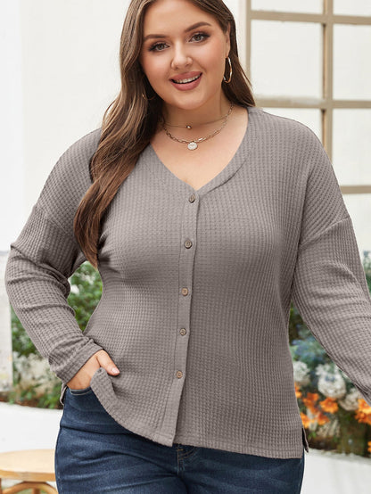 Simply Taupe Waffle Knit Drop Shoulder Button V Neck Plus Size Top