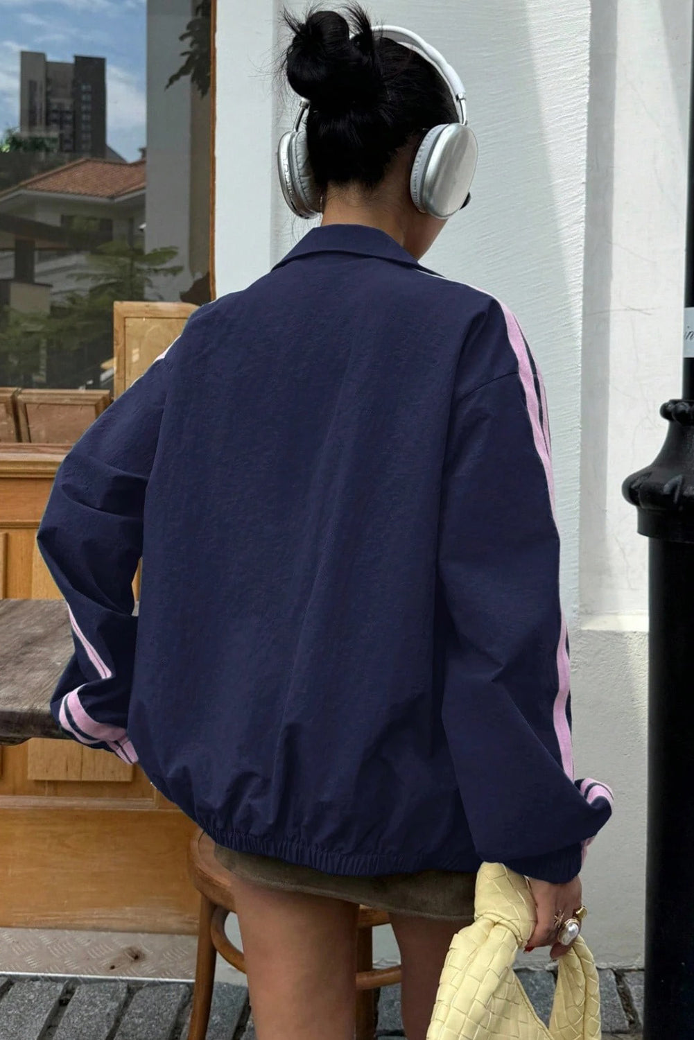 Dirty blue Bow Embroidered Detail Zip Up Sweatshirt Womens Jacket