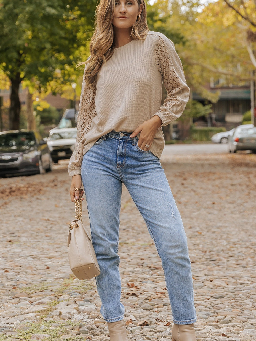 Elegant Khaki Lace Patch Waffle Knit Blouse