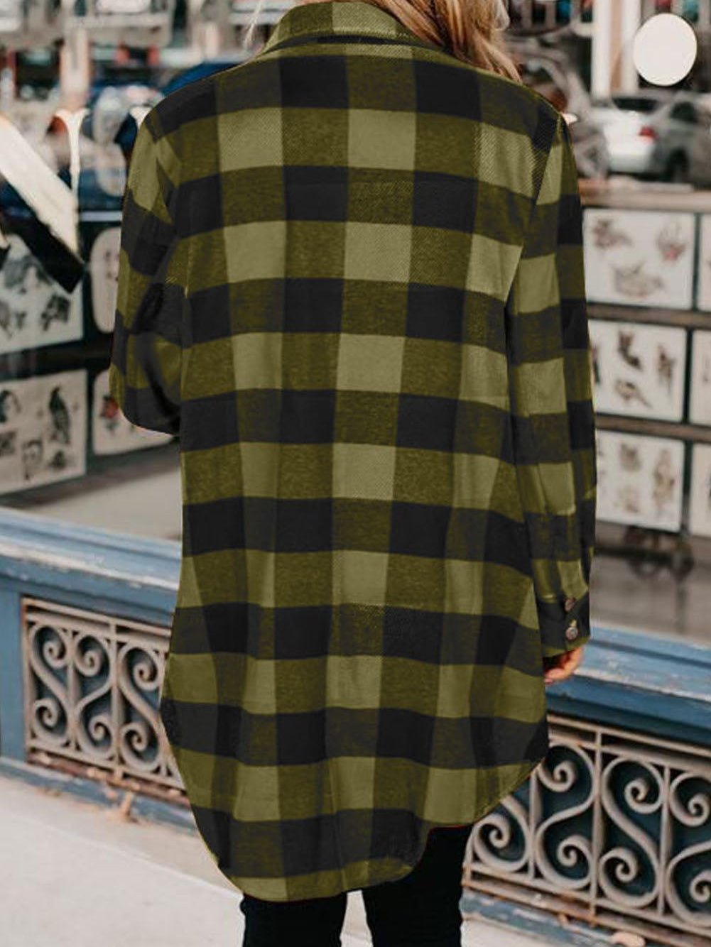 Green Plaid Button-Up Shirt Jacket