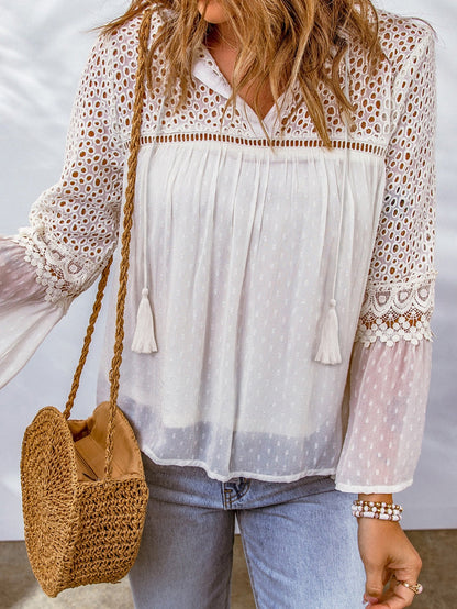 Elegant White Lace Patchwork Swiss Dot Blouse