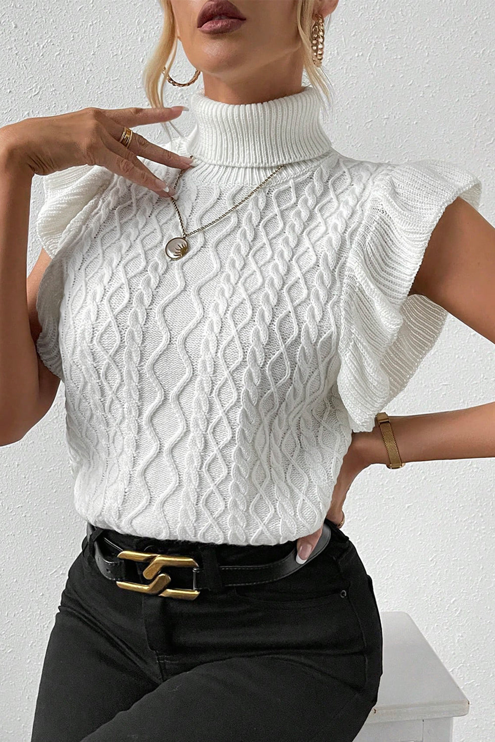 Elegant White Cable Knit Ruffle Sleeve Turtleneck Sweater