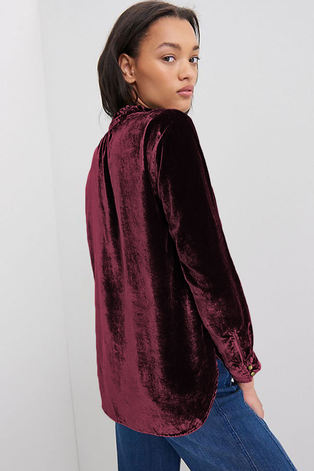 Frilled Burgundy Velvet Top with Buttoned Neck