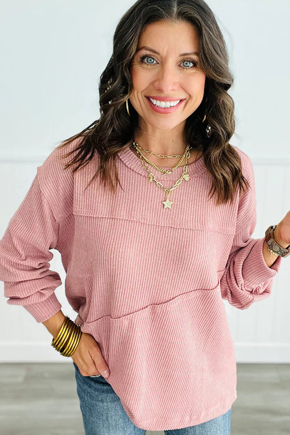 Blossom Solid Color Ribbed Knit Exposed Seam Patchwork Long Sleeve Top