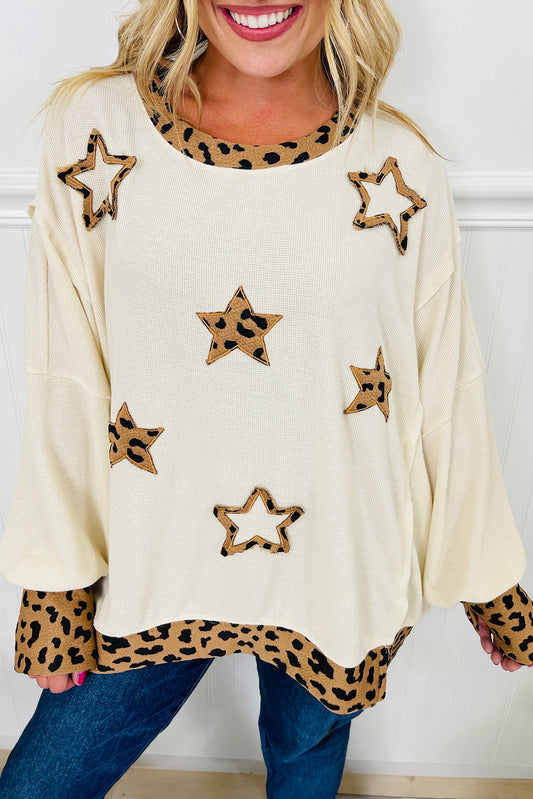 Beige Thermal Knit Leopard Trim Star Embroidered Long Sleeve Top
