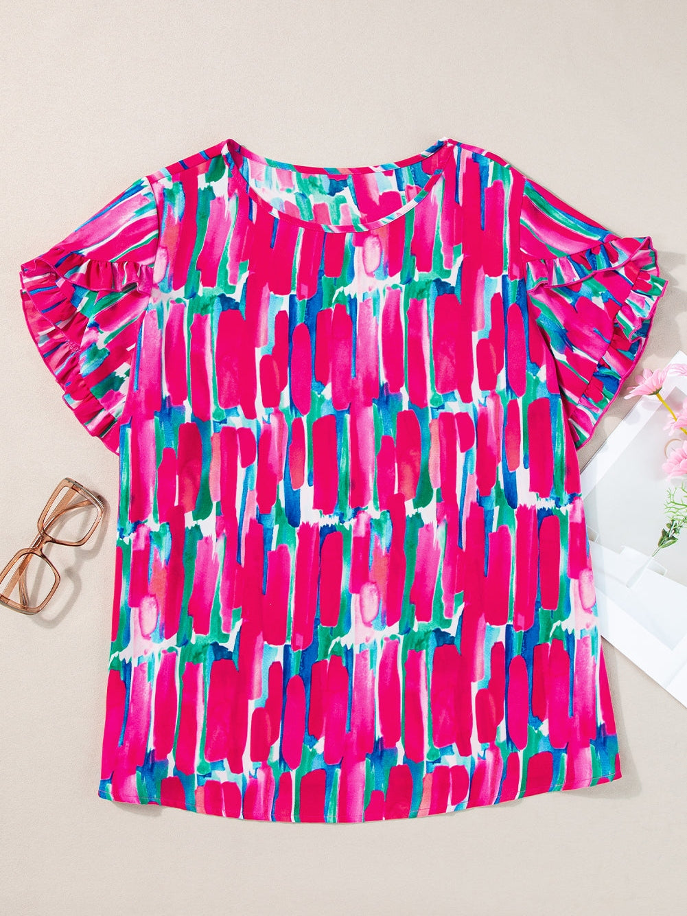 Rosy Abstract Print Ruffle Petal Sleeve Blouse for Curvy Queens