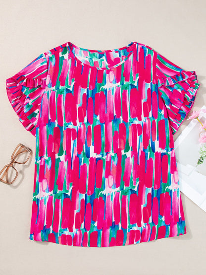 Rosy Abstract Print Ruffle Petal Sleeve Blouse for Curvy Queens