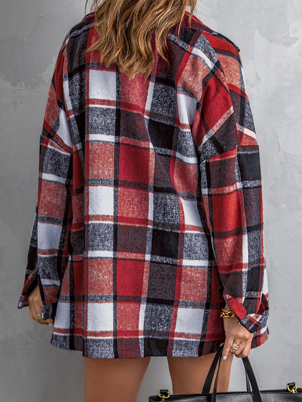 Fiery Orange Plaid Print Button-Up Shirt Jacket