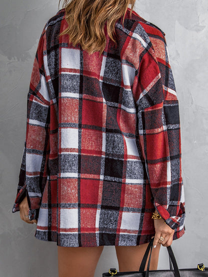 Fiery Orange Plaid Print Button-Up Shirt Jacket