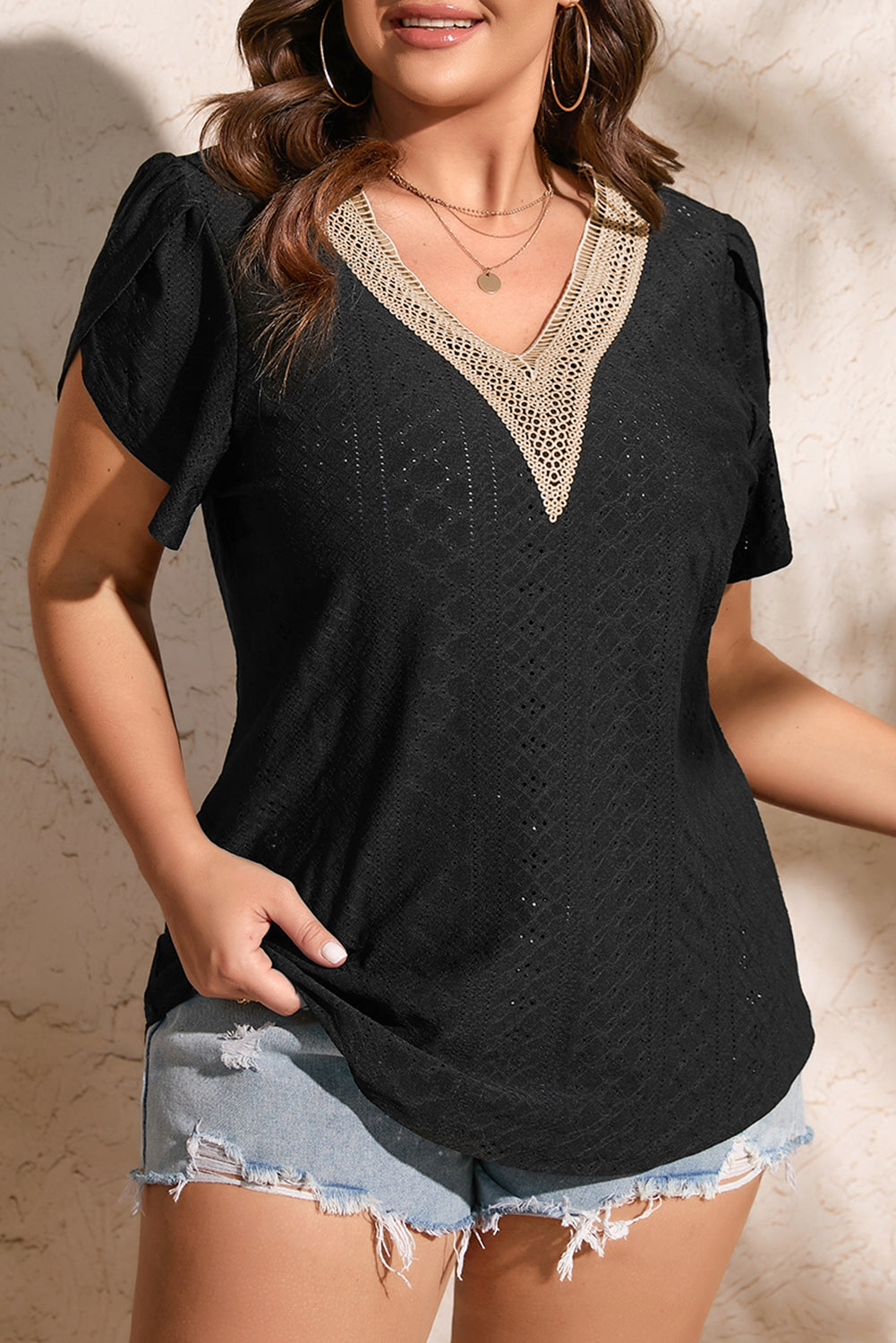Chic Black Eyelet Embroidered V Neck Lace Top for Plus Size Women