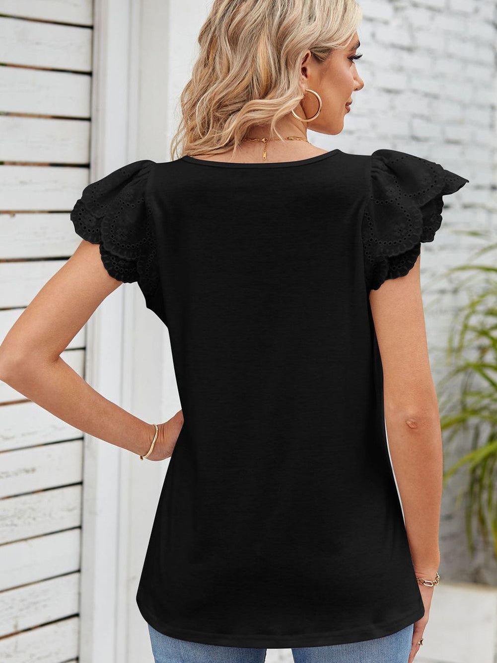 Elegant Black Square Neck Top with Ruffle Sleeves