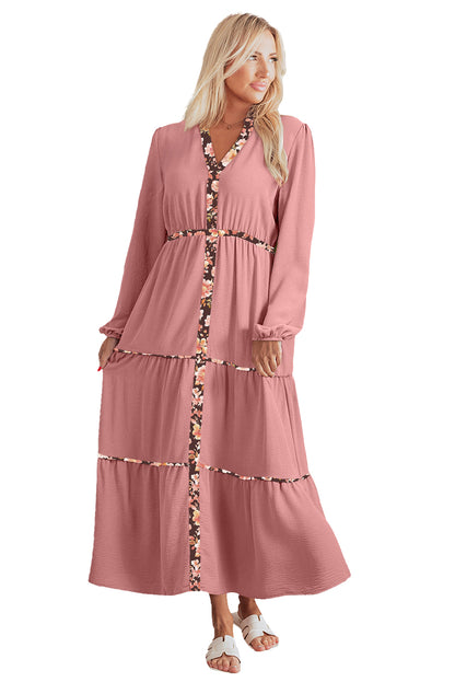 Peach Blossom Floral Patchwork Detail Notched Neck Long Sleeve Maxi Dress