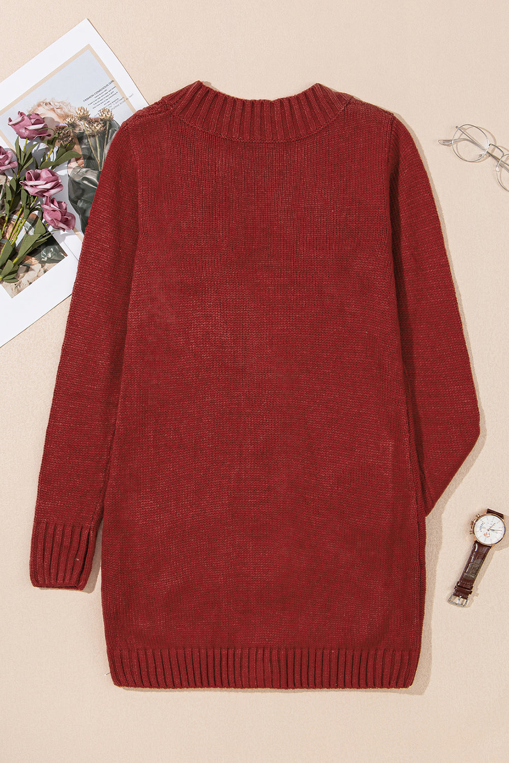 Burgundy Front Pocket and Buttons Closure Cardigan