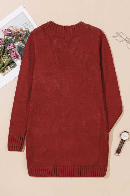 Burgundy Front Pocket and Buttons Closure Cardigan