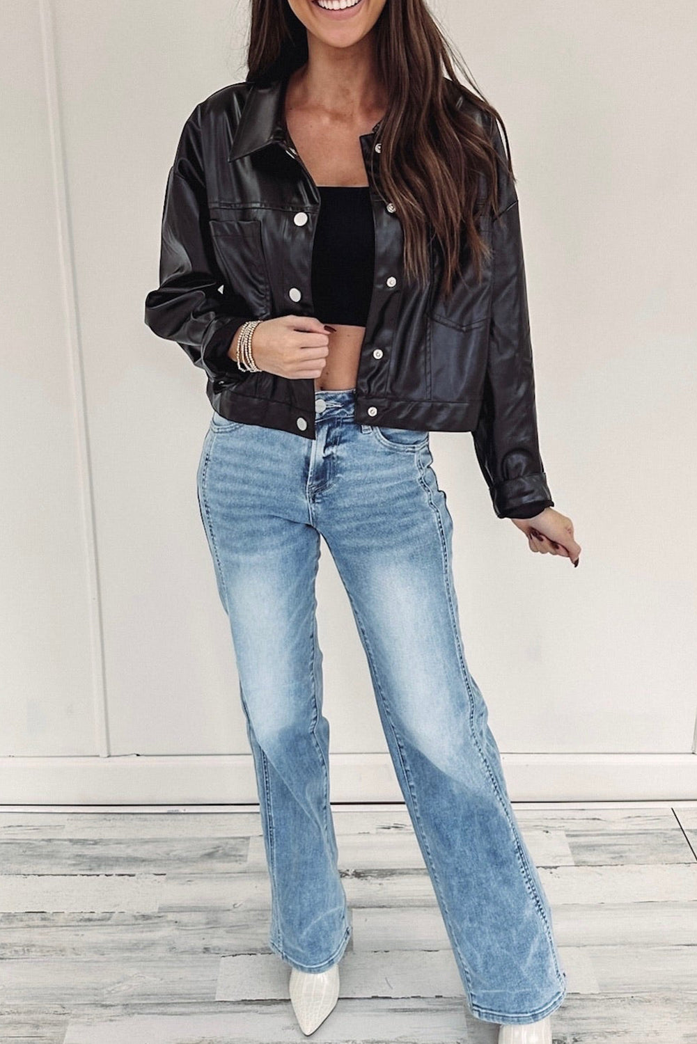 Black Faux Leather Snap Button Collared Patched Pocket Jacket